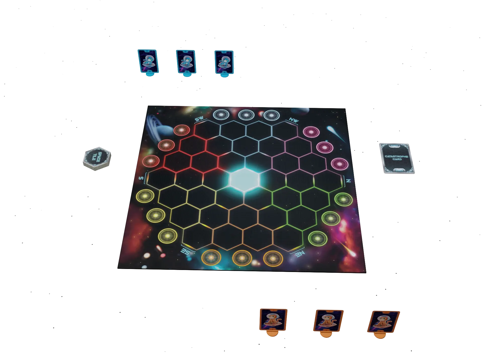 Animated Catastrotree board setup showing orange and blue cats and cards being dealt