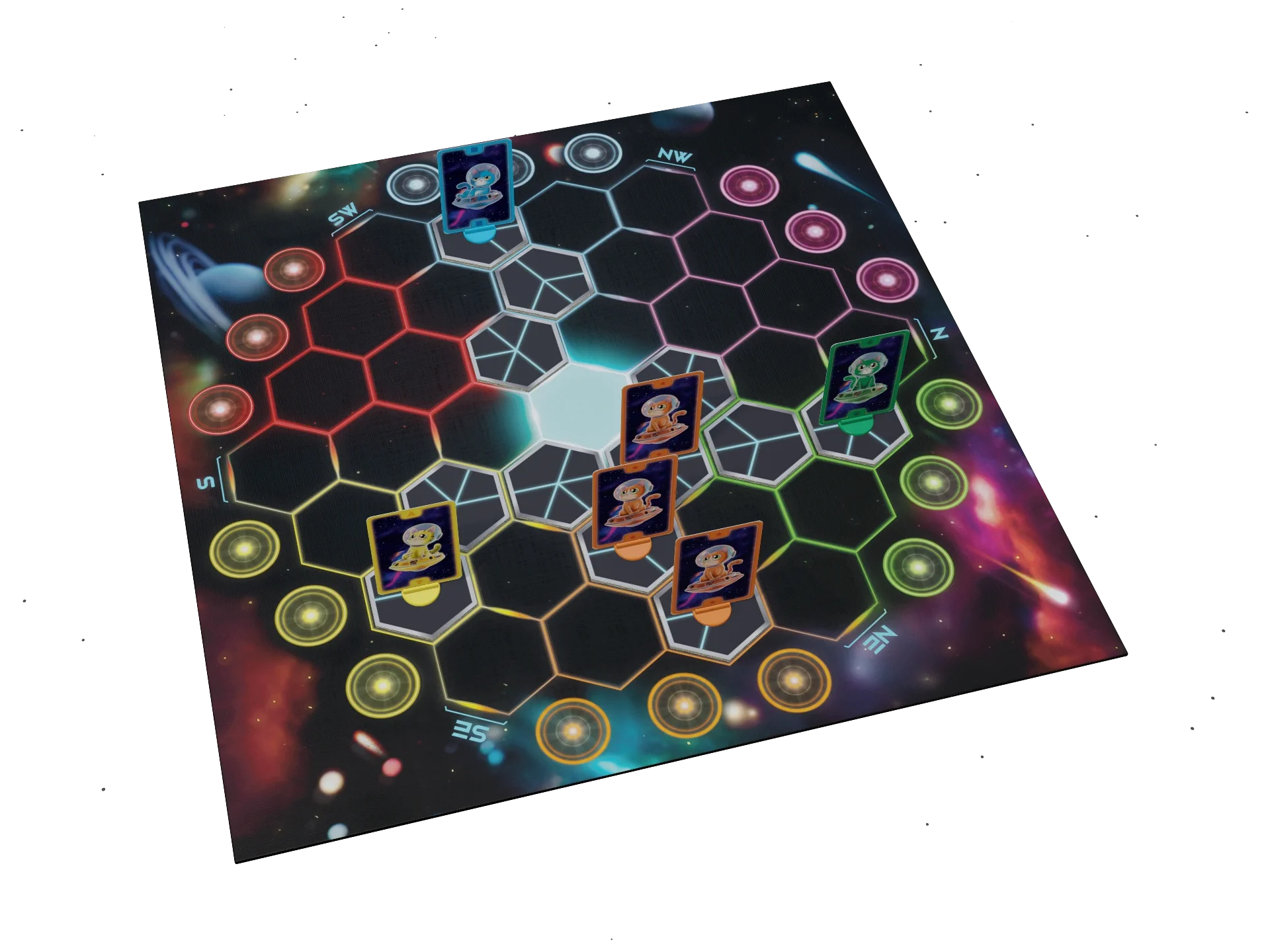 Animated Catastrotree cats traveling safely into the center hex