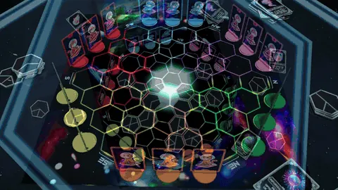 Animated gameplay clip showing connected space tiles, a blocking tile placement, another tile placement, and a cat moving onto the tile