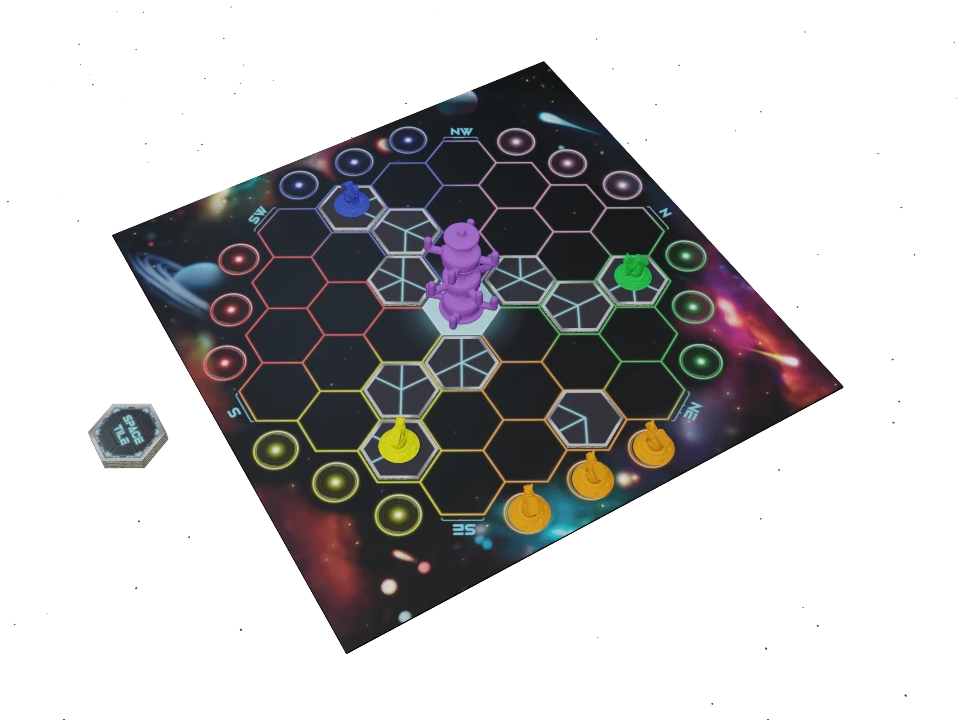 Place Space Tiles in their hex centers beside inward-facing 3D cats and the Eternal Cat Tree.
