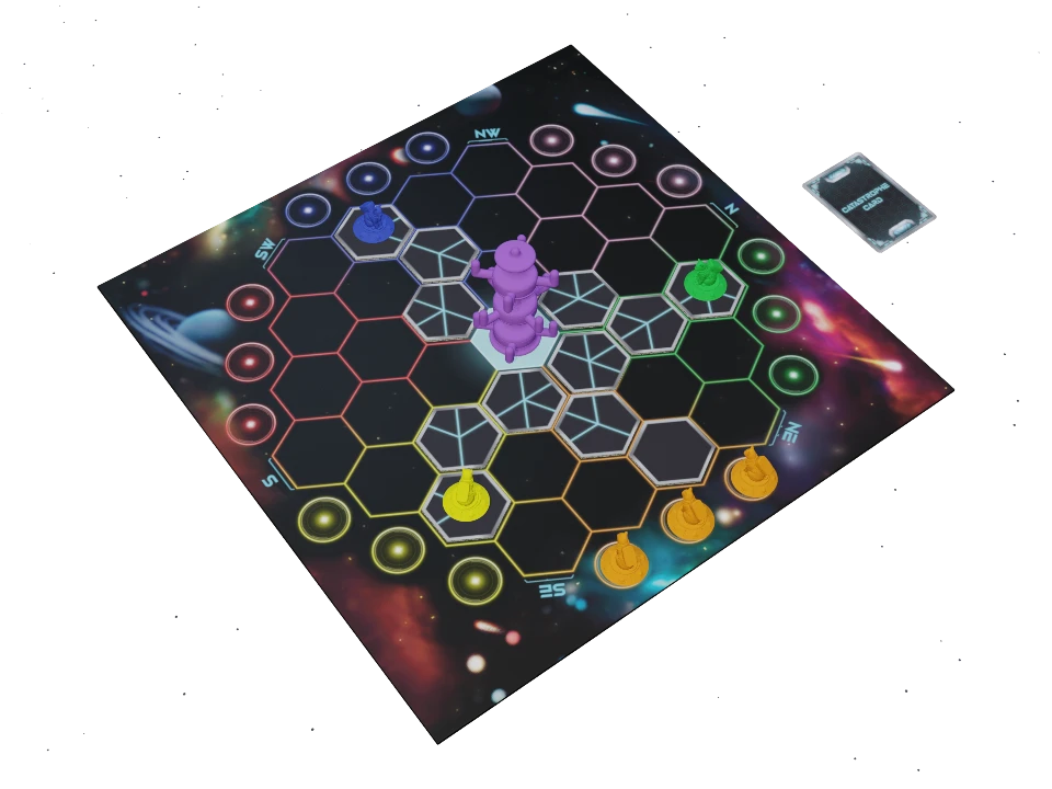 Play Pawsitional Pivot with inward-facing 3D cats and centered Space Tiles around the Eternal Cat Tree.