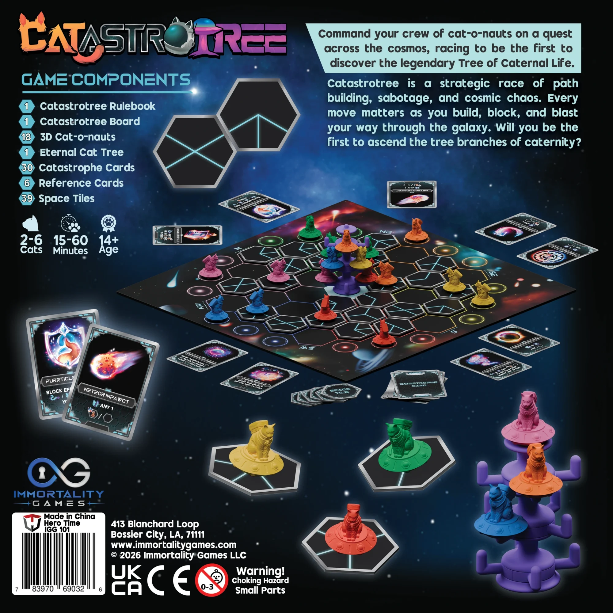 Updated Catastrotree box back showing the included 18 3D Cat-o-nauts and Eternal Cat Tree