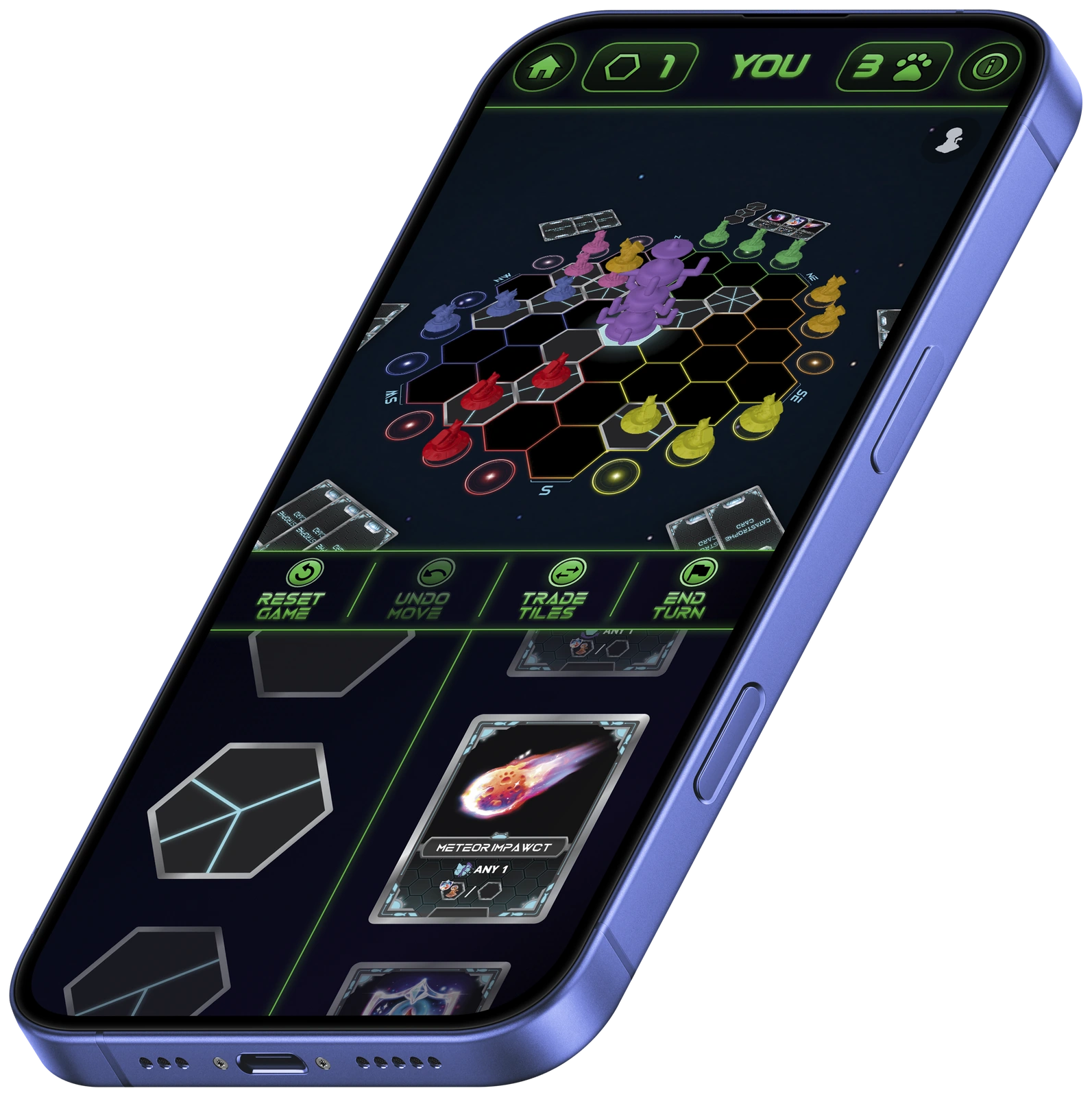 Catastrotree mobile app showing six-player 3D gameplay with colorful cats and the central tree.